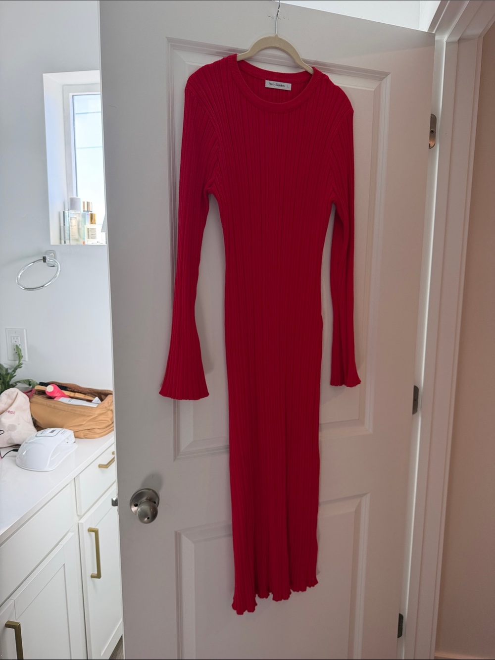 Ribbed Red Long Sleeve Midi Dress